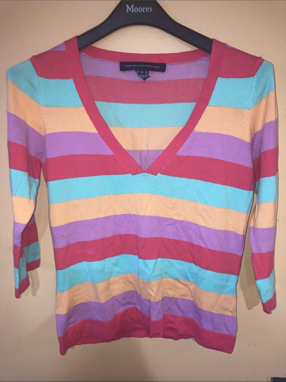 Y2K French Connection Multicolor V-Neck Sweater — Pink, Teal, Purple, Peach